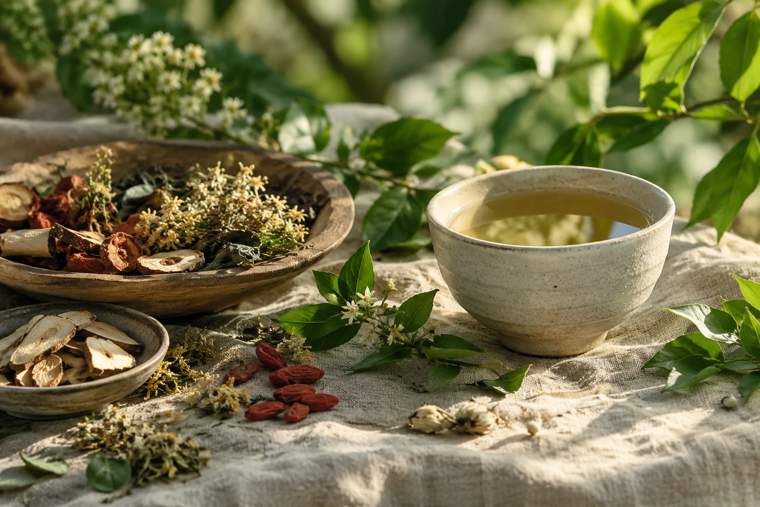 Illustrative tea and botanical setting