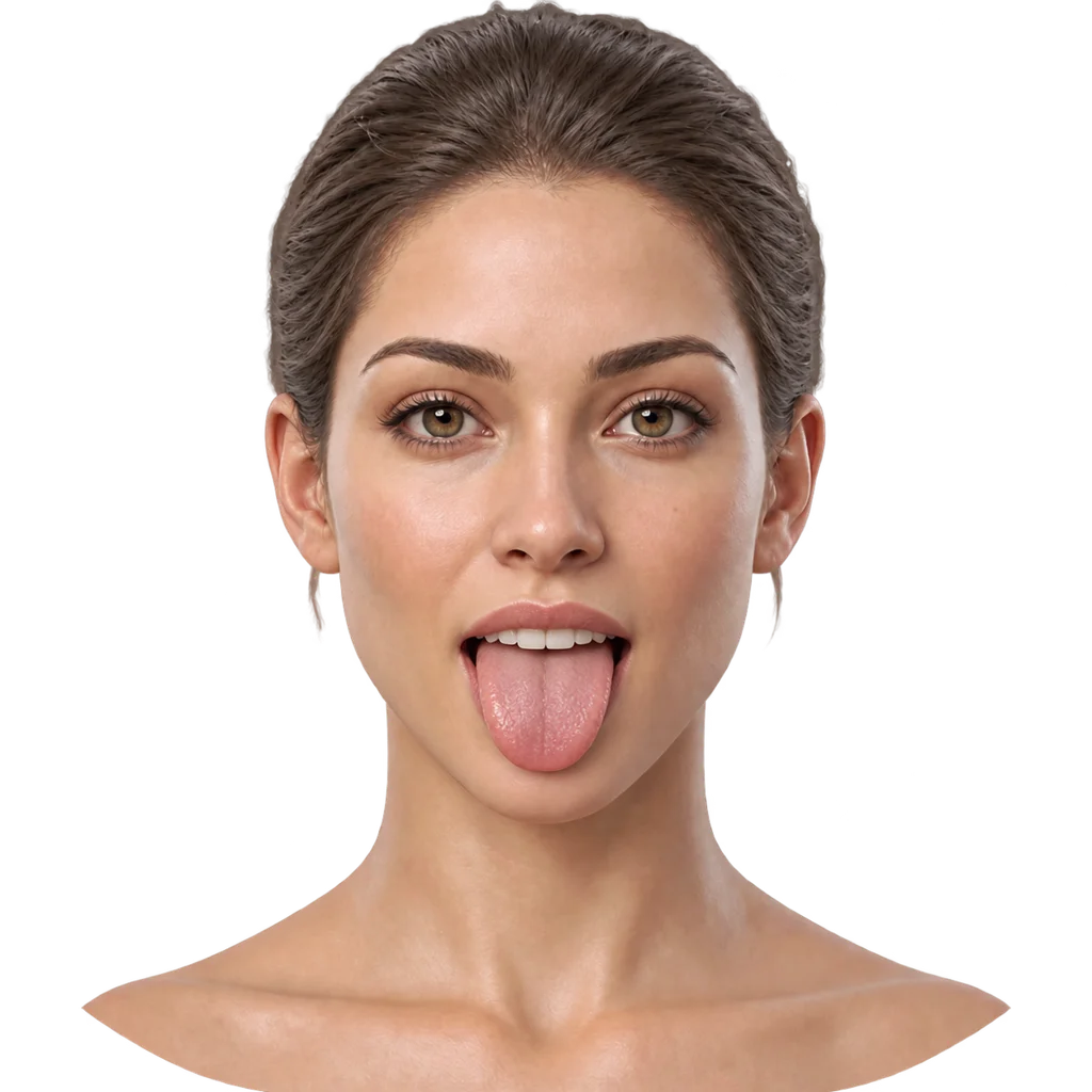Generated face illustration with an open mouth and tongue, not a patient